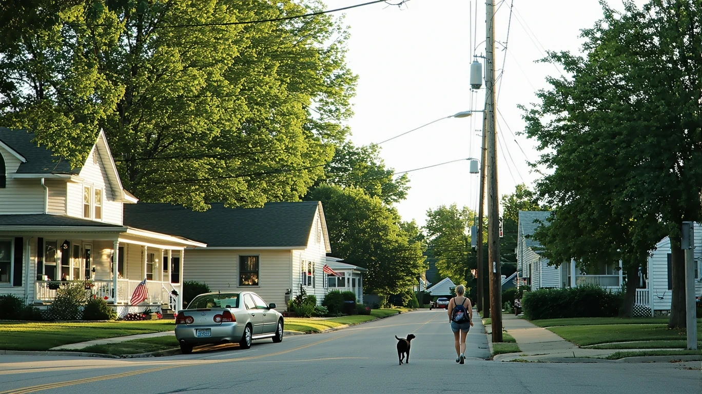 A residential street corner in Westerville, Ohio with modest homes, mature trees, and a woman walking her dog on the sidewalk.