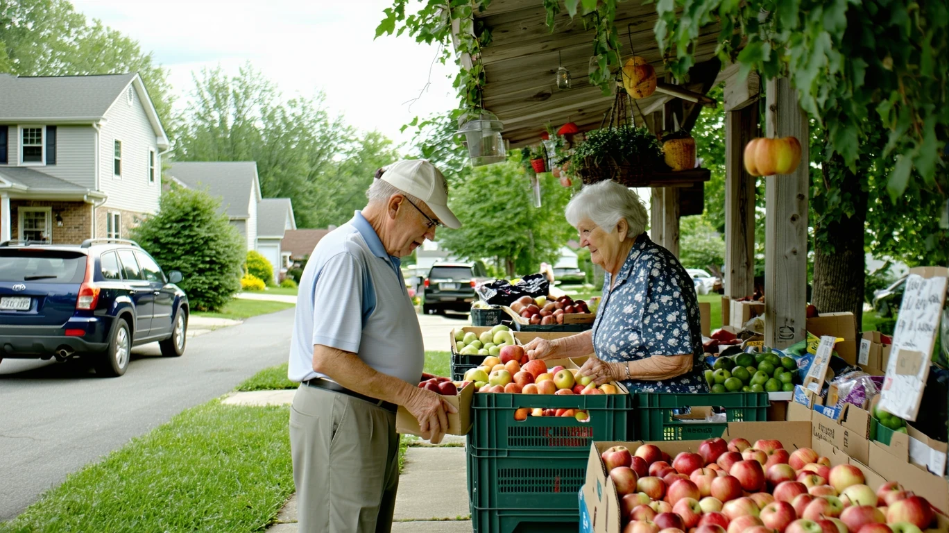 An older couple comparing apples at a neighborhood produce stand on a sunny day.