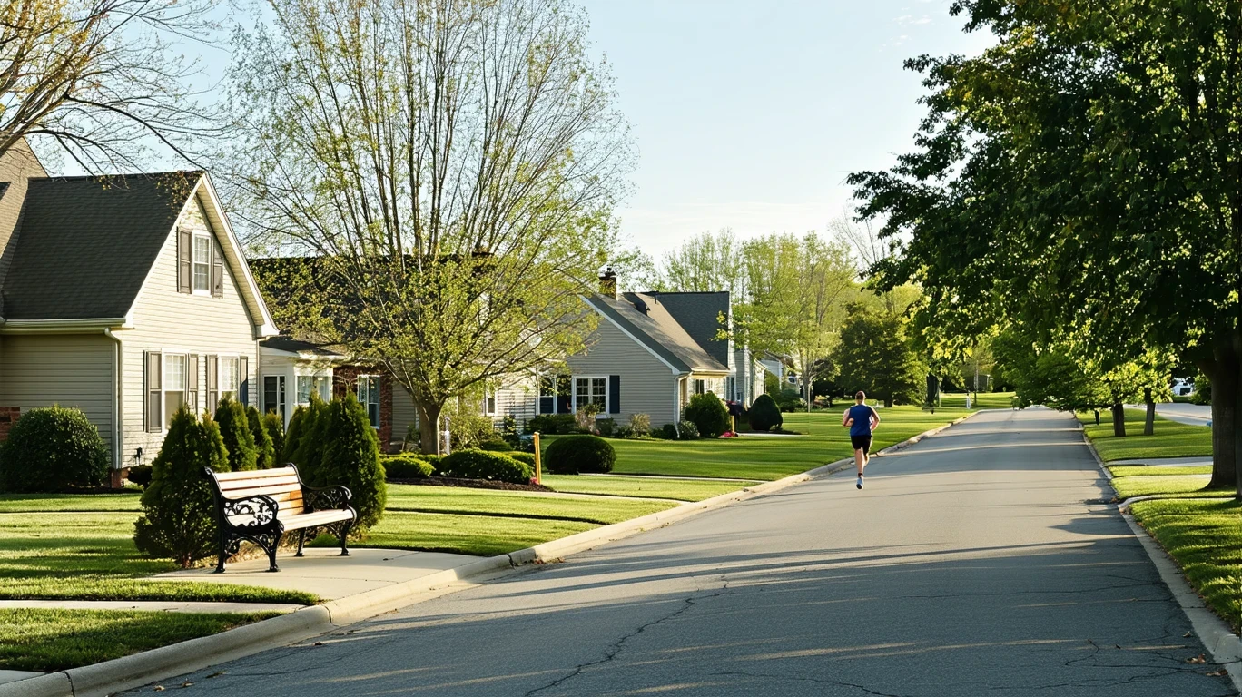 A view across a suburban street in Westerville, OH showing a neighborhood park with a bench and path, surrounded by well-maintained homes and lawns on a sunny day.