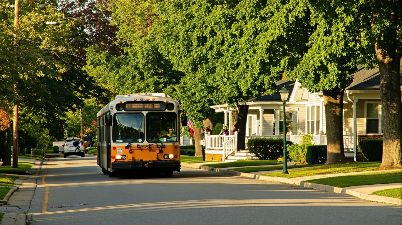 A city bus driving past single-family homes on a tree-lined suburban street.