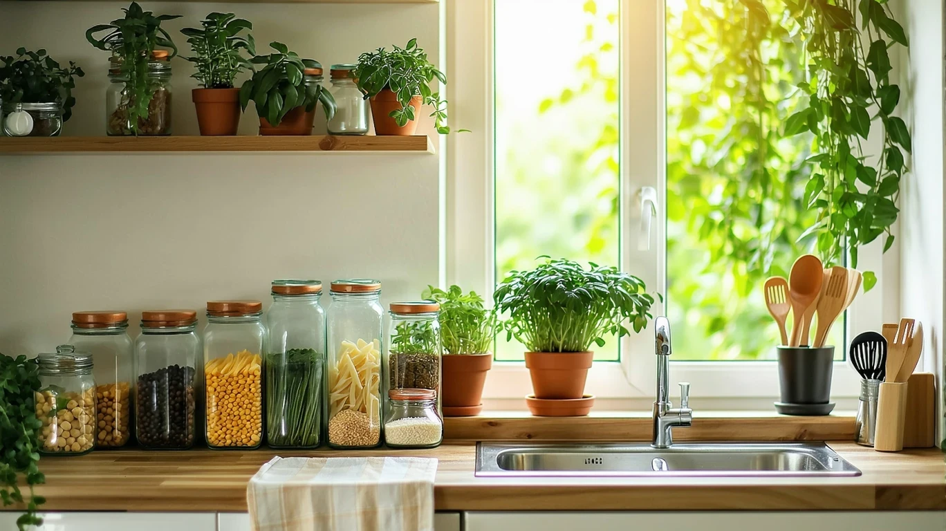 Pantry shelf with jars of beans, pasta and rice, lit by kitchen window