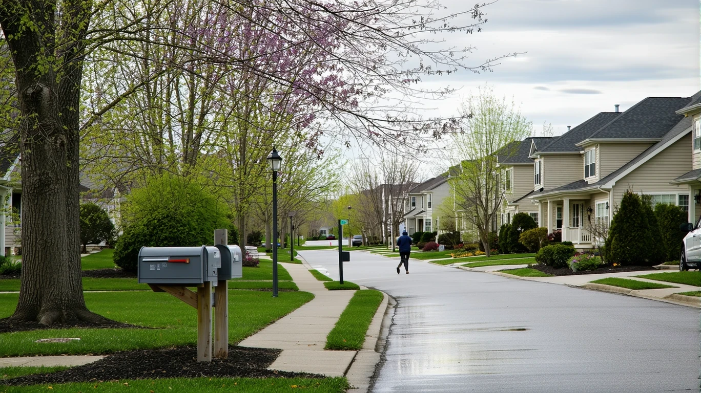 Suburban neighborhood sidewalk curving past mailboxes and homes in Westfield under cloudy skies.