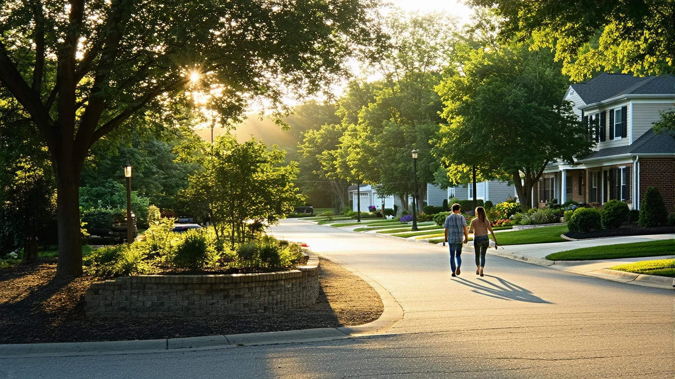 Cul-de-sac entrance in Greenwood with brick wall, native plants, and sunlit homes in early morning.