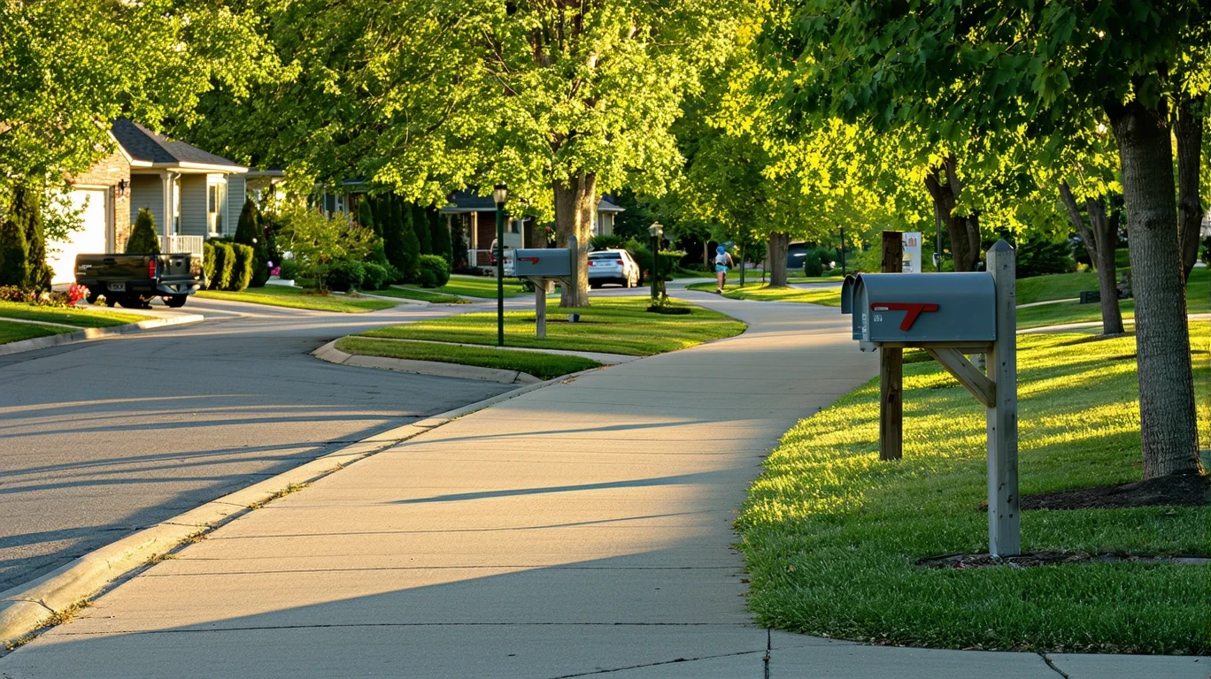 Sunlit suburban sidewalk curving past a row of gray metal mailboxes in Westfield, IN.