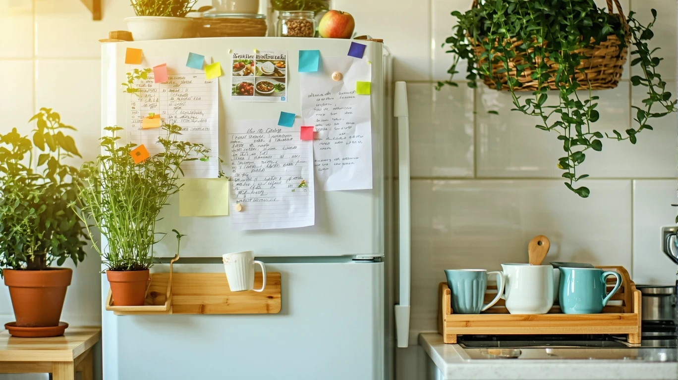A refrigerator door covered in handwritten notes, lists, and coupons held by magnets.