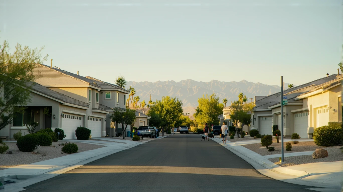 A quiet suburban street in Whitney Ranch, Nevada lined with stucco homes and xeriscaped yards.