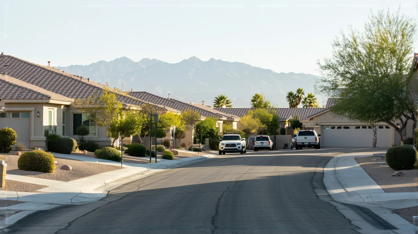 A quiet suburban street in Whitney Ranch, Nevada with stucco homes and xeriscaped yards on a sunny day.