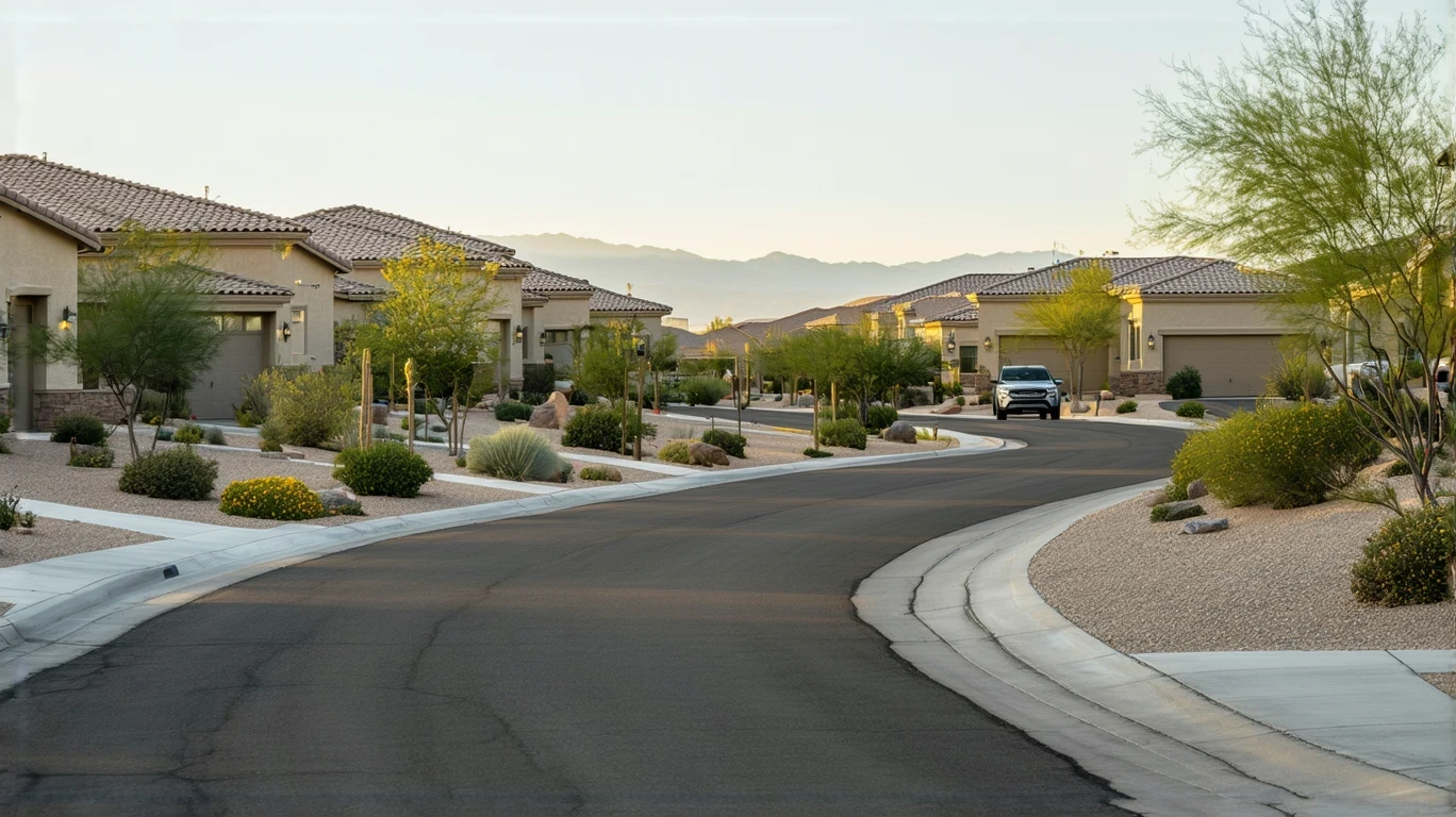 Residential street in Whitney Ranch, NV with stucco homes, xeriscaped yards, and an electric car in a driveway.