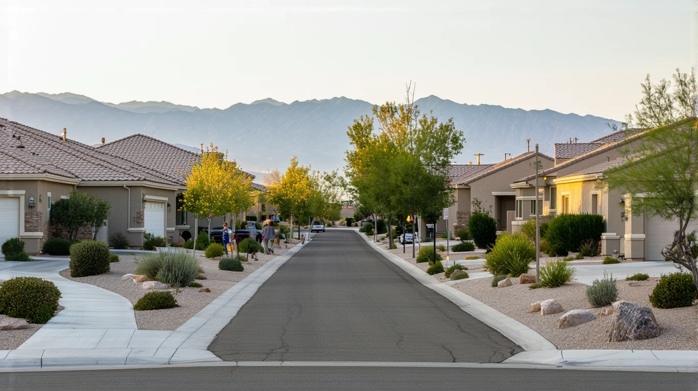 A couple walking their dog on a sidewalk in front of modern stucco homes with desert landscaping in Whitney Ranch, Nevada.