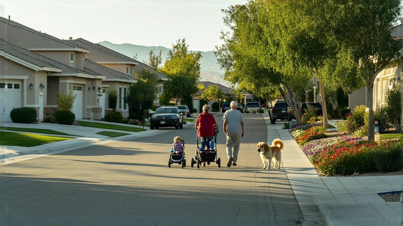 A family walks along a sidewalk in a quiet suburban neighborhood with craftsman-style homes and tidy landscaping. An older man tends to his front yard garden.