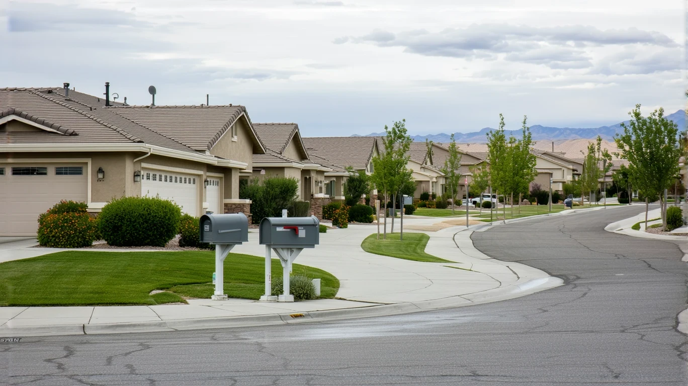 A residential street corner in Whitney Ranch, Nevada with a sidewalk curving past a cluster of mailboxes on a cloudy day.