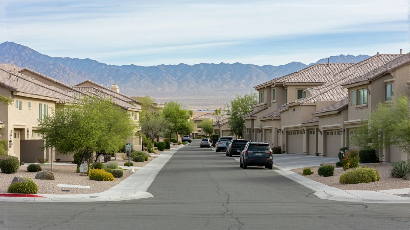 Residential street in Whitney Ranch, Nevada with stucco homes and xeriscaped yards