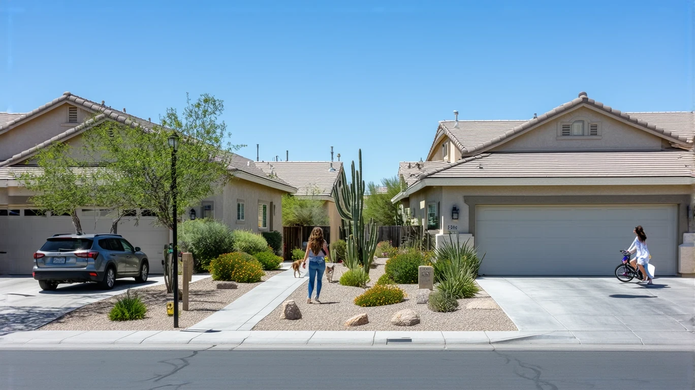 A quiet suburban street in Whitney Ranch, Nevada with stucco homes and desert landscaping