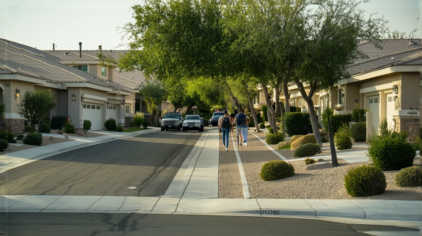A sunny suburban street in Whitney Ranch, Nevada with two stucco homes, landscaped yards, and a couple walking on the sidewalk.