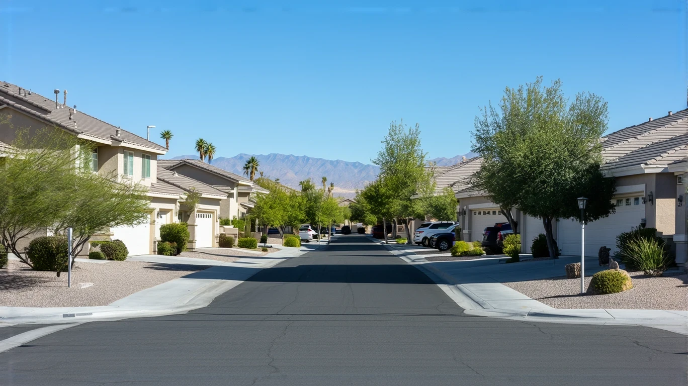 A sunny, peaceful street in Whitney Ranch, Nevada lined with well-maintained stucco homes and desert landscaping.