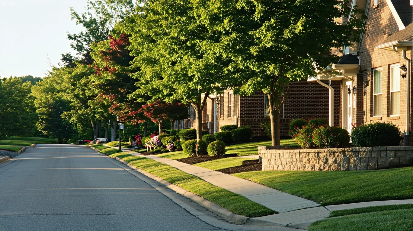 Tree-lined suburban cul-de-sac with modest single-family homes in the early morning light.