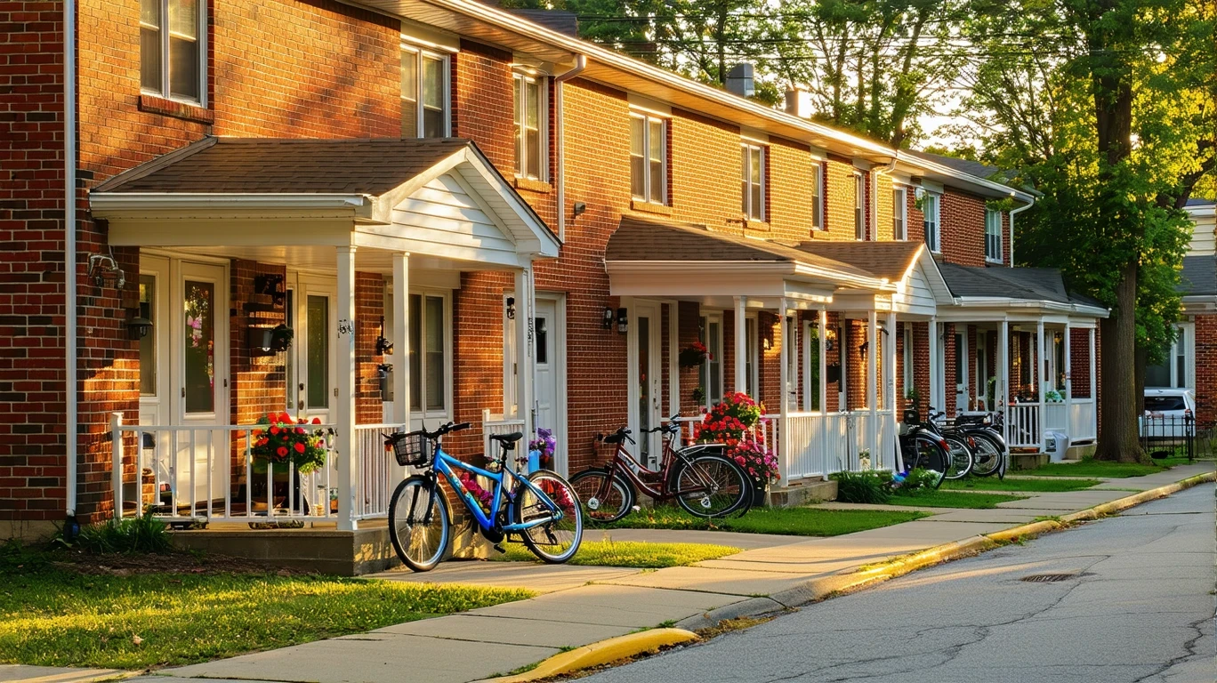 A red brick apartment building in Wilmore, Kentucky with bicycles resting outside on a sunny day.