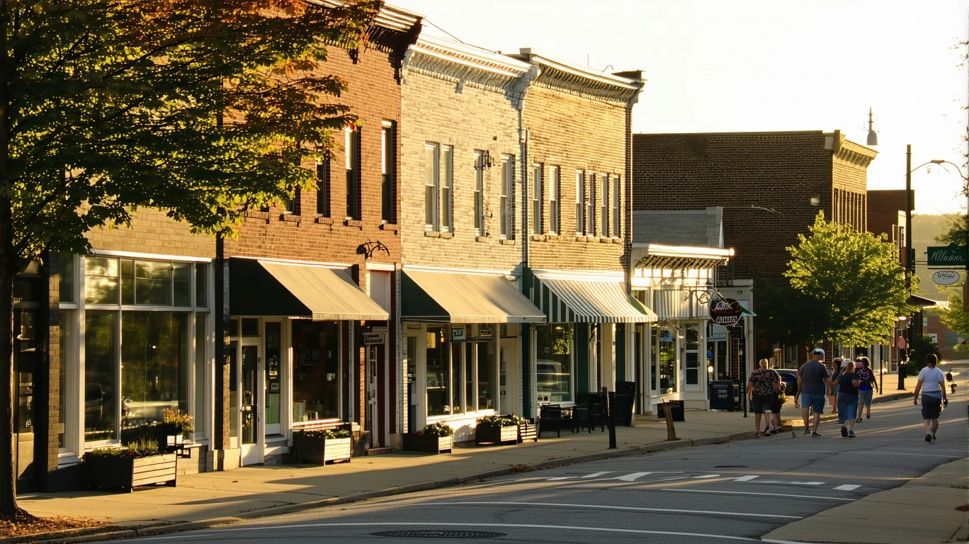 A quiet street in Wilmore, Kentucky at dusk, with local storefronts and a few people walking.