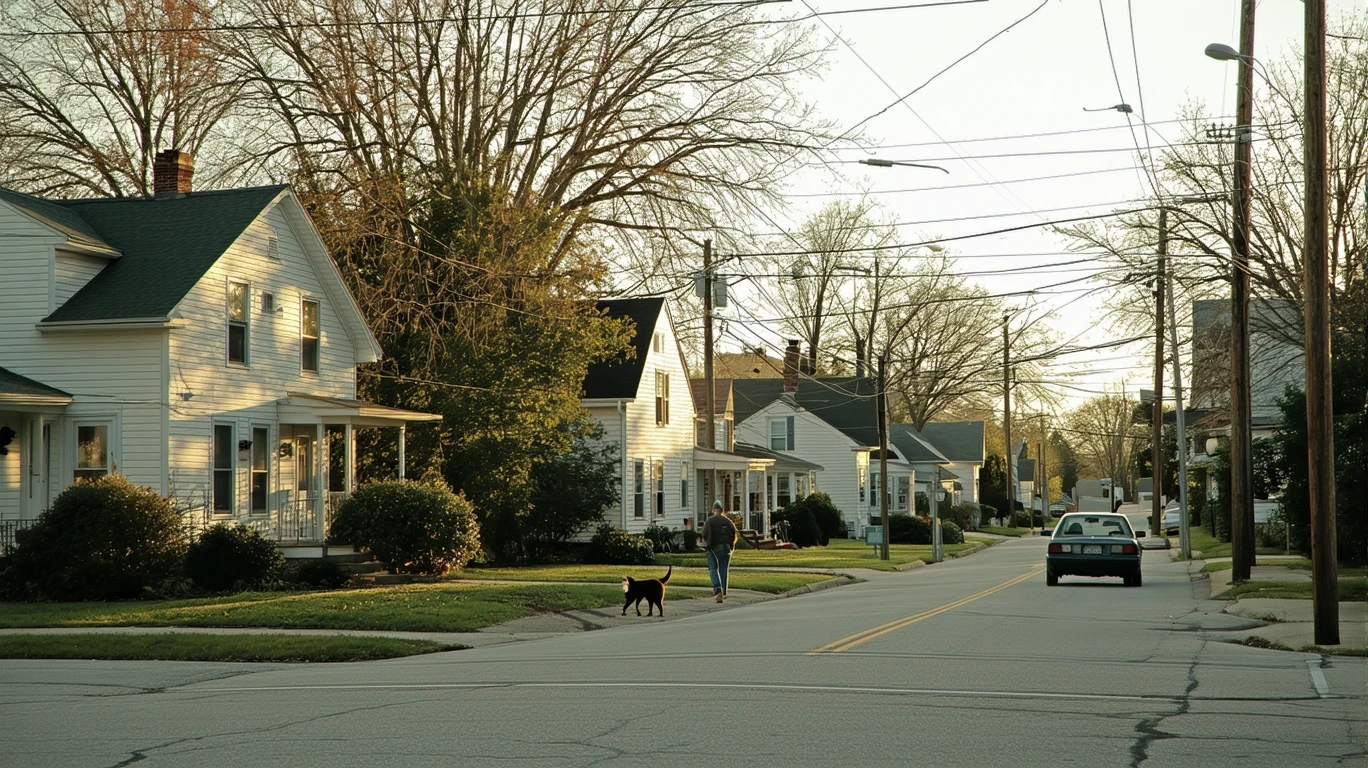A tree-lined residential street corner in a small town, with an old car parked on the curb and a person walking a dog in the distance.