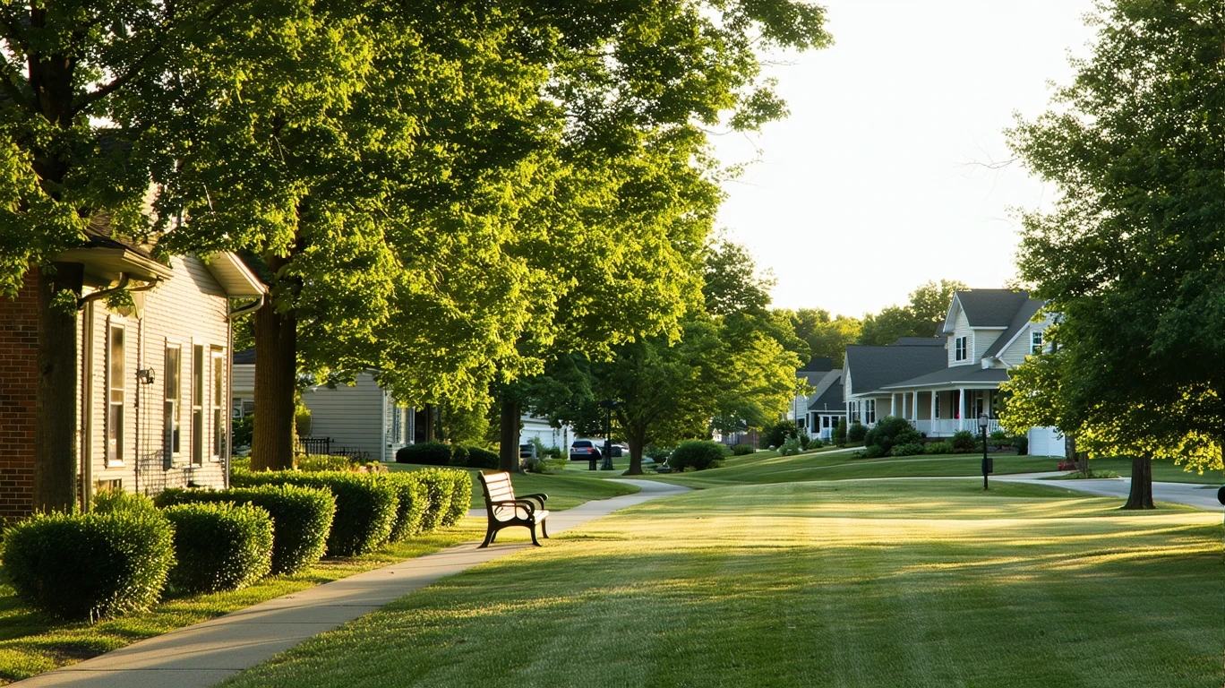 A view of a neighborhood park in Wilmore, Kentucky, with a bench, hedges, and houses visible.