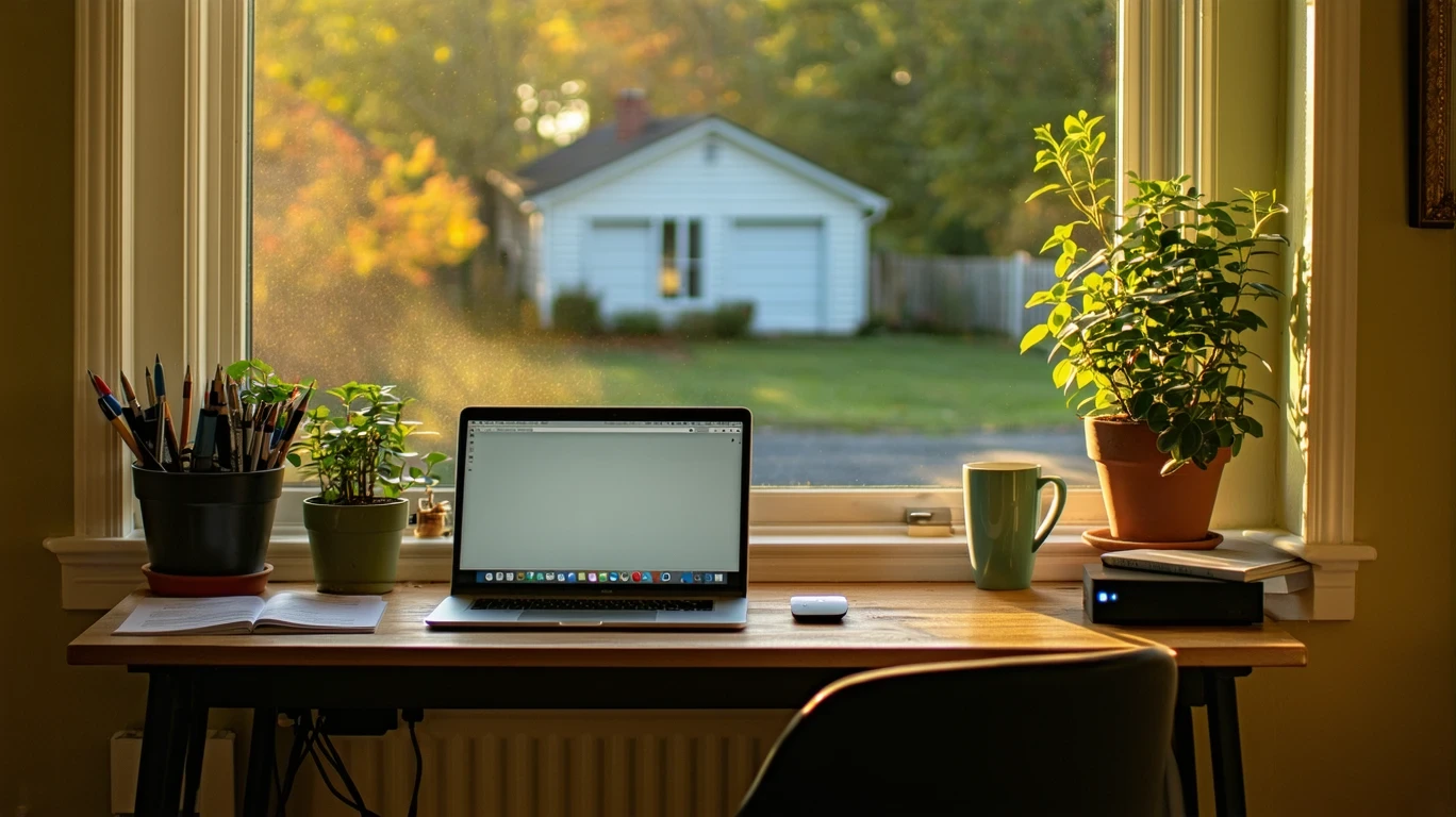 A home office nook with a desk, laptop, modem, and router in a Wilmore, KY house.