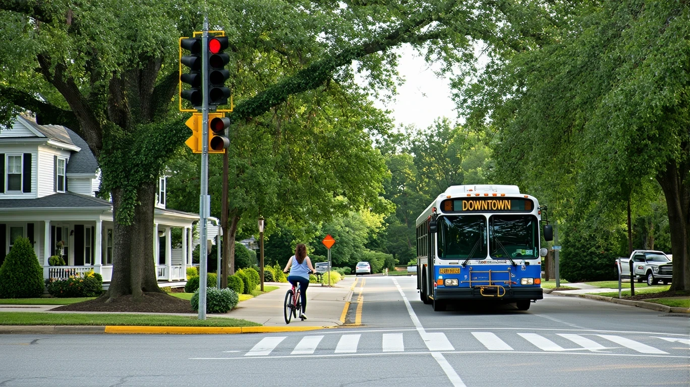 A city bus approaching a crosswalk as a cyclist waits to cross the street in a pleasant small-town setting.