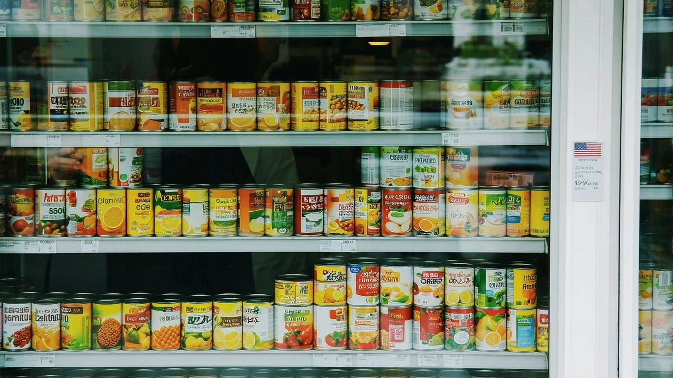 Canned goods neatly organized on shelf in small grocery store.