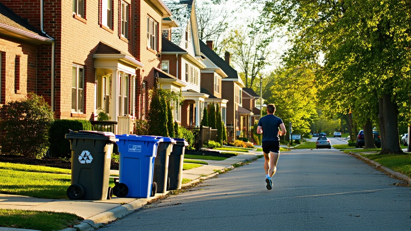 A suburban street in Wilmore, Kentucky on a sunny morning, with brick houses, trash bins on the curb, and a jogger passing by.