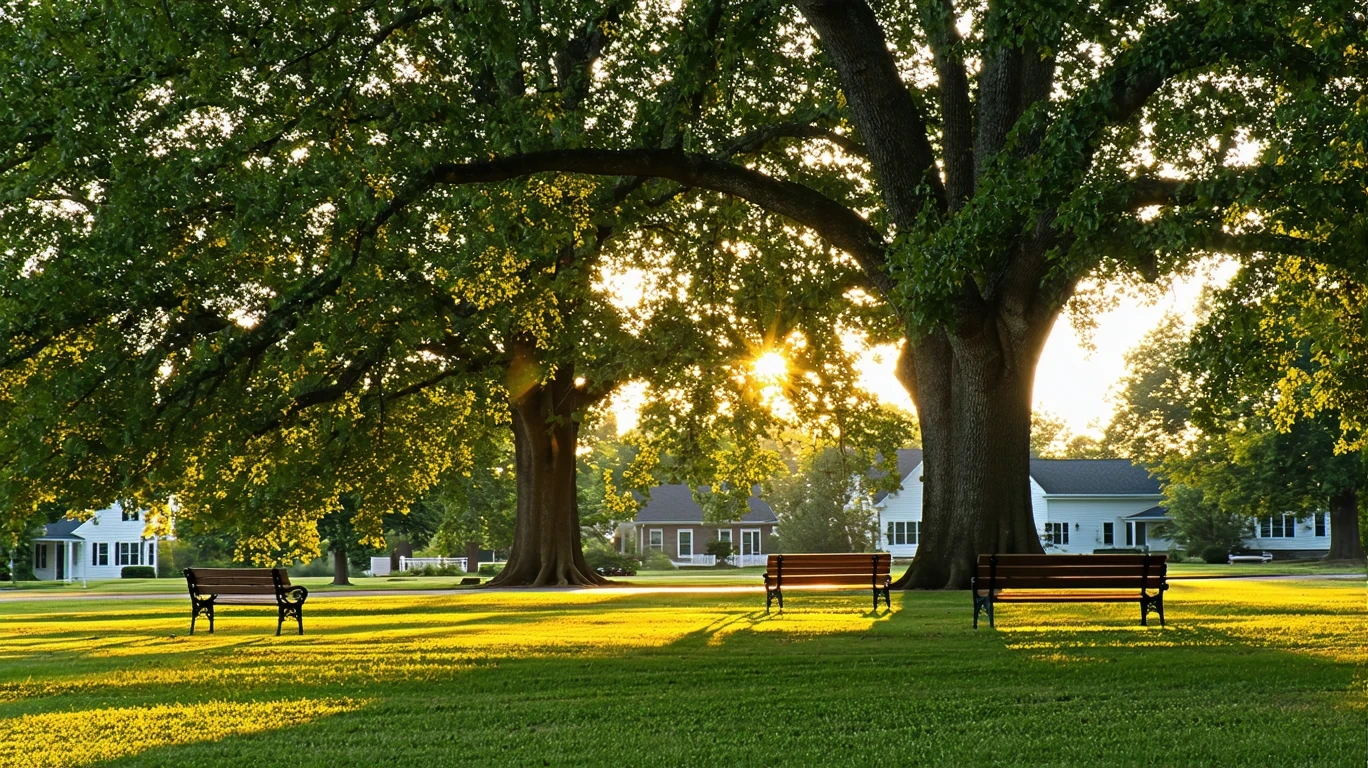 A tranquil park in Versailles, Kentucky with large oak trees, empty benches, and golden late afternoon sunlight on the grass.