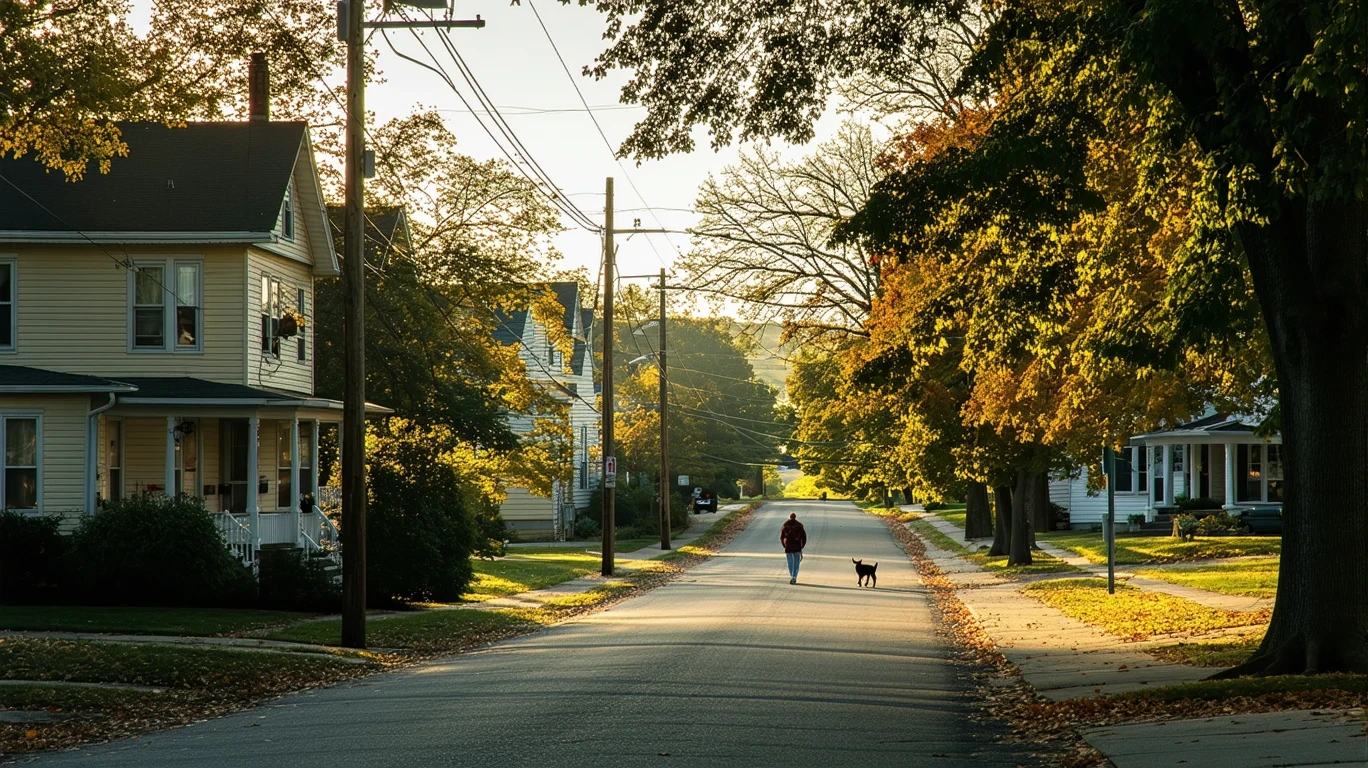 Sunlight filtering through maple trees onto a residential street in Wilmore, Kentucky with modest homes and a person walking their dog in the distance.