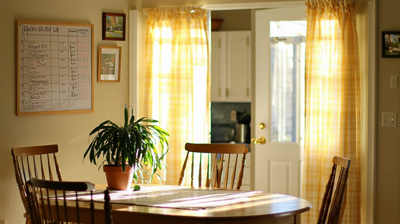 A dining room in a Wilmore home with a whiteboard listing monthly bills and expenses on the wall.