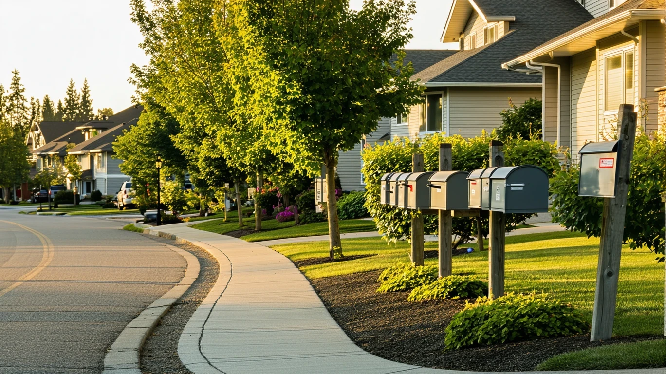 A curved suburban sidewalk lined with gray mailboxes in the late afternoon sunlight.