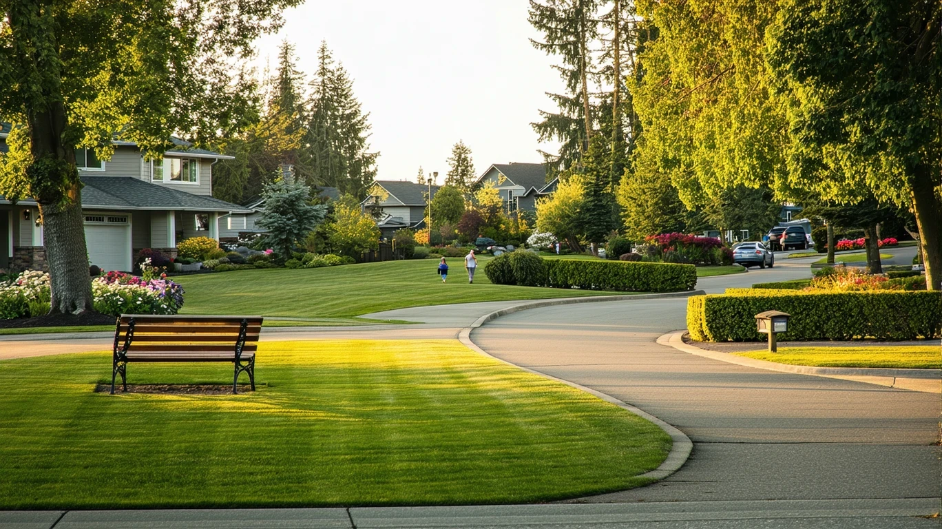 Wilsonville neighborhood with grassy park, walking path, bench, and surrounding suburban homes on a sunny day.