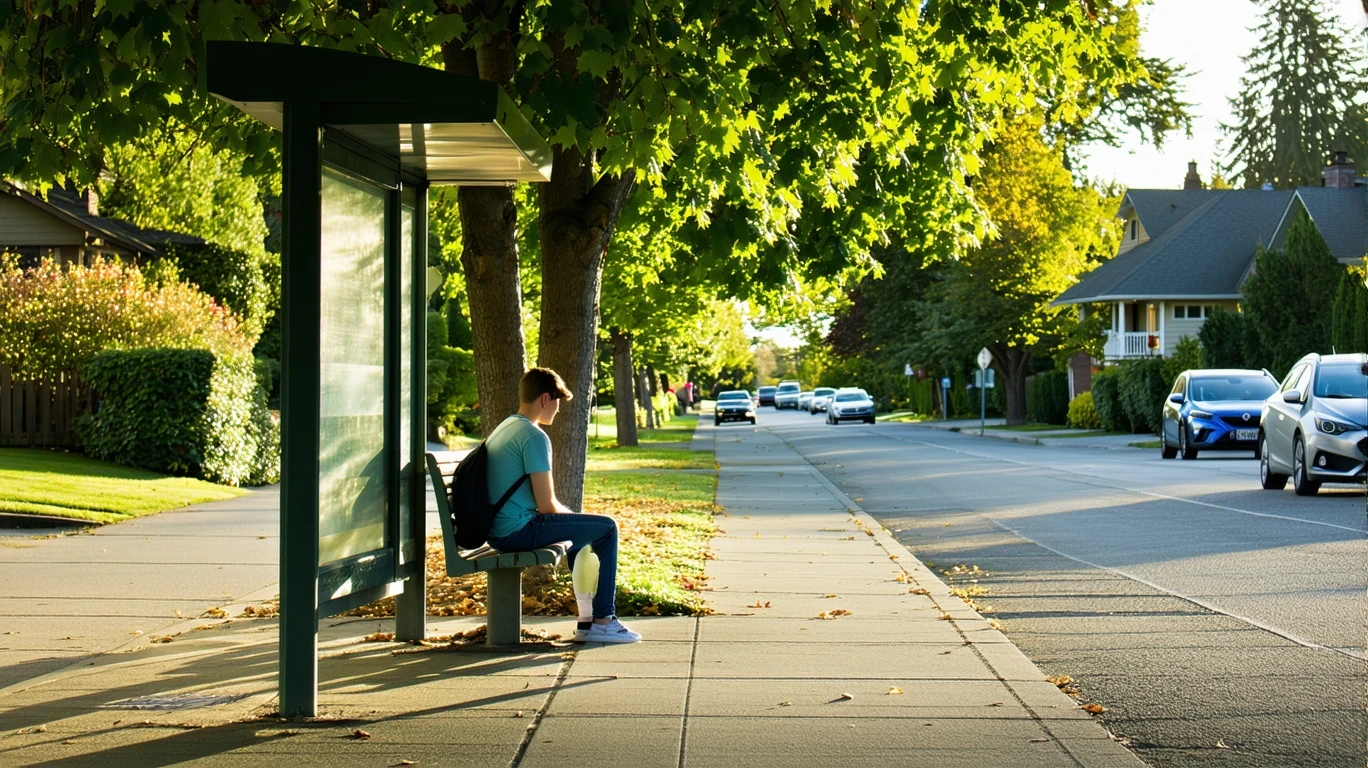 A man waits at a shaded bus stop bench on a tree-lined street in Wilsonville, Oregon.