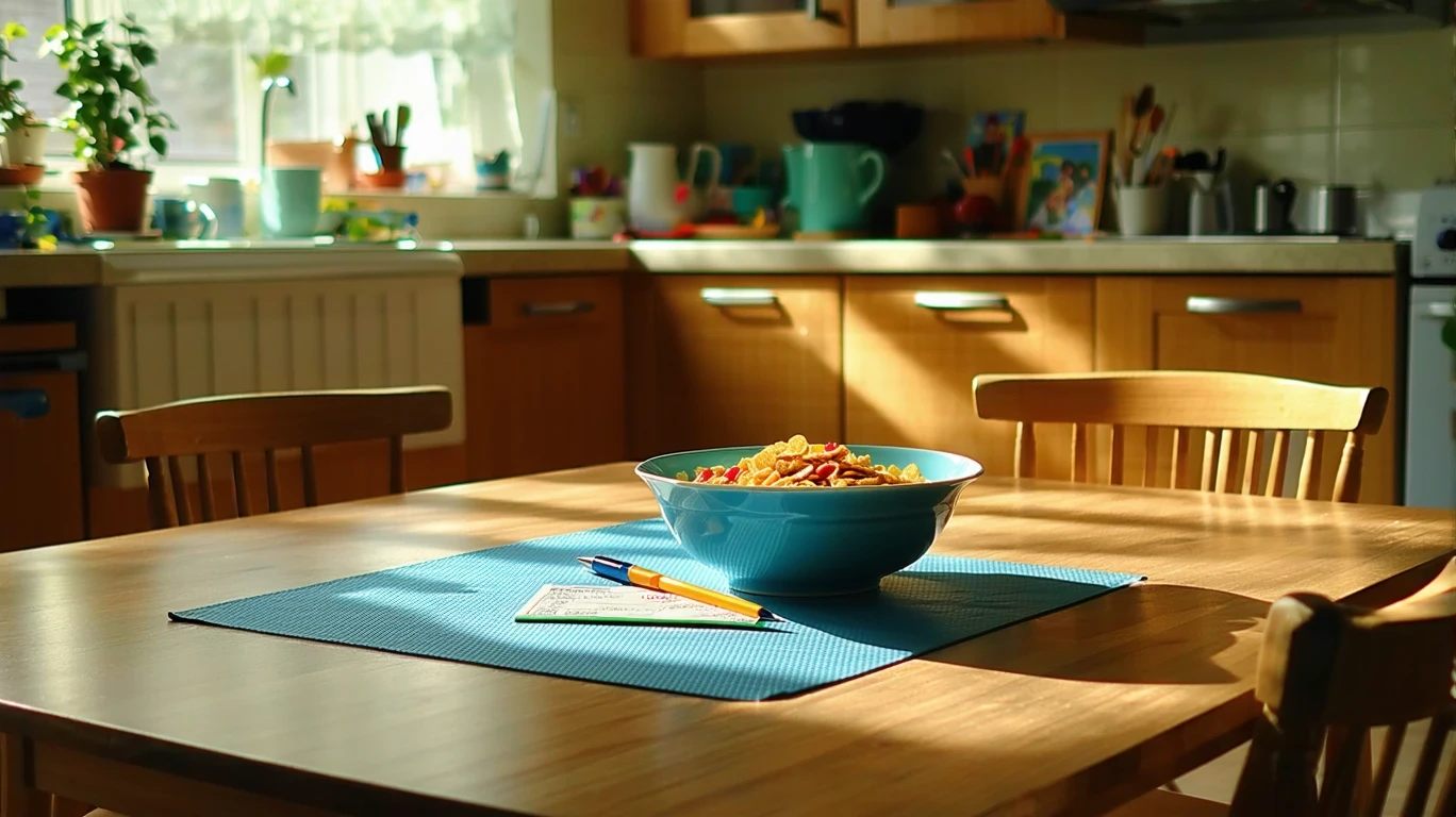 A kitchen table with a bowl of cereal, pay stub, and pen on a wrinkled placemat, lit by soft morning light.