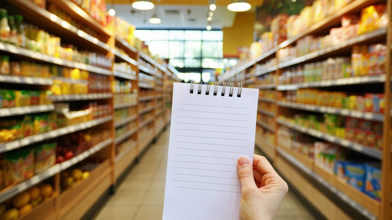A person holding a grocery list in front of shelves of dry goods like rice and cereal in a Wilsonville supermarket aisle.