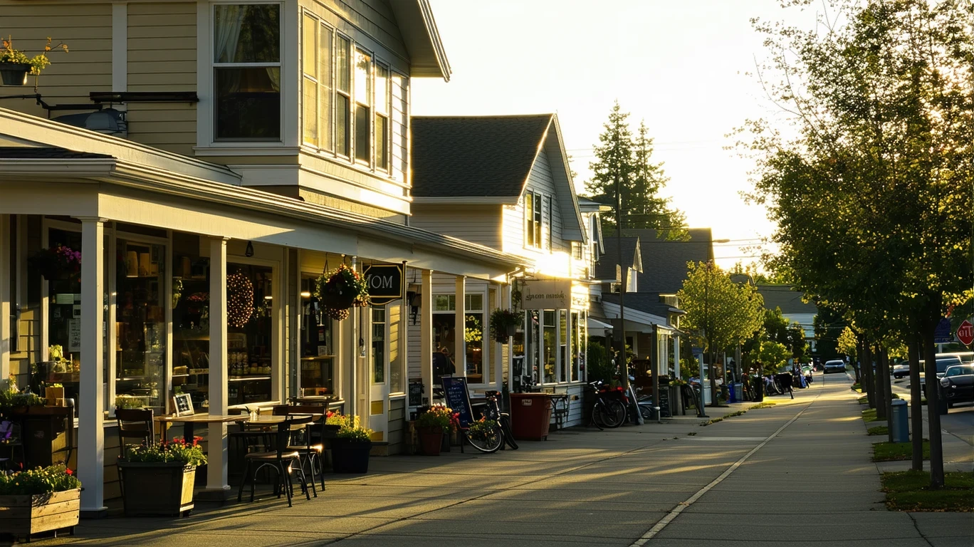 Quaint storefronts and neighborhood at dusk in Wilsonville, Oregon