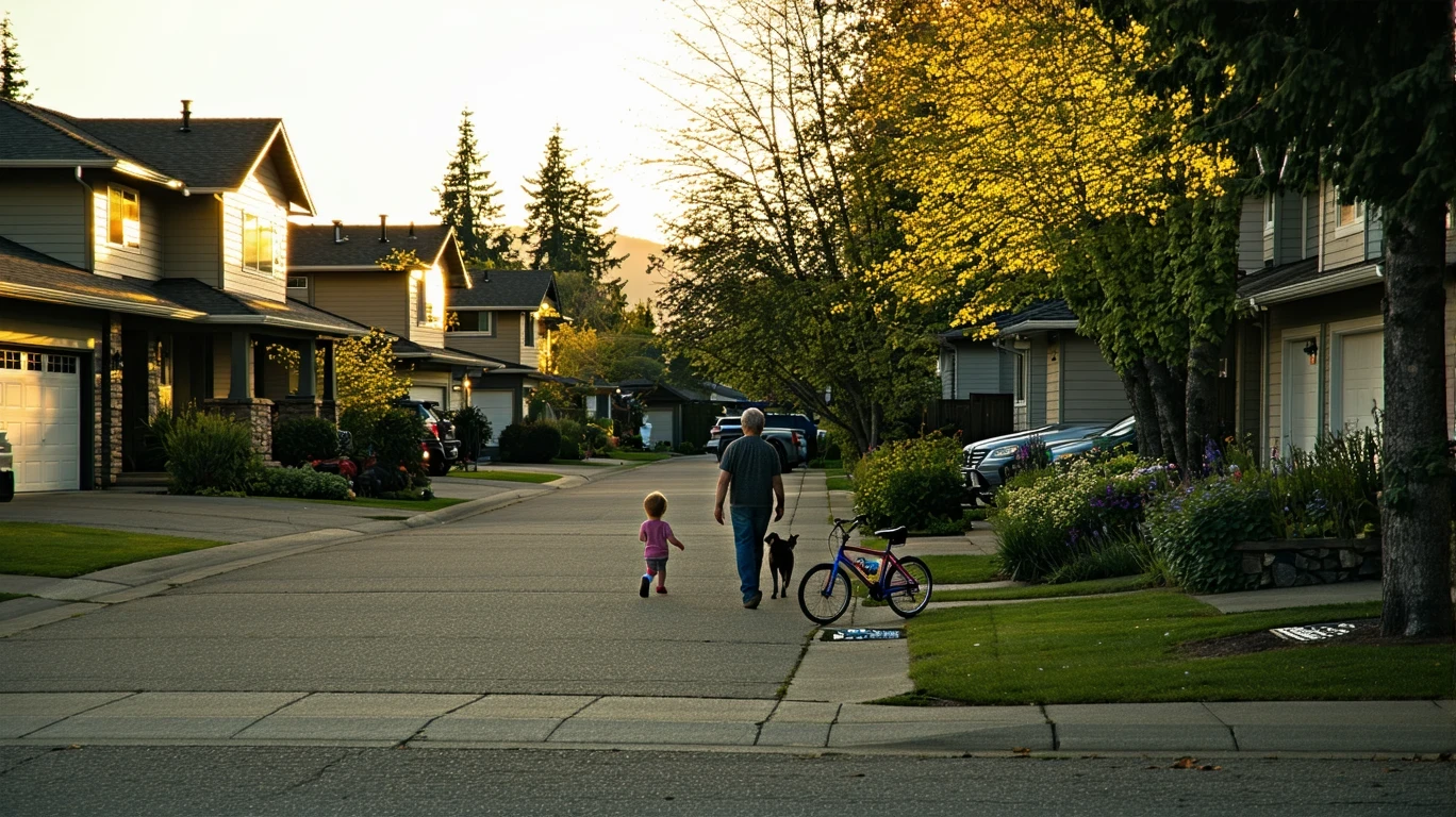 A quiet cul-de-sac in Wilsonville, Oregon at dusk, with porch lights turning on and a child's bicycle near the curb.