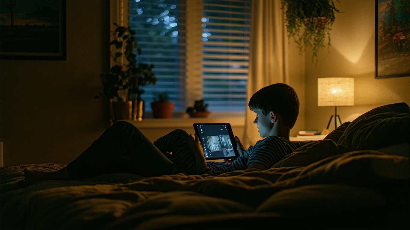 A teen lounging on a bed, illuminated by a tablet screen and ambient lights in a cozy Wilsonville bedroom.