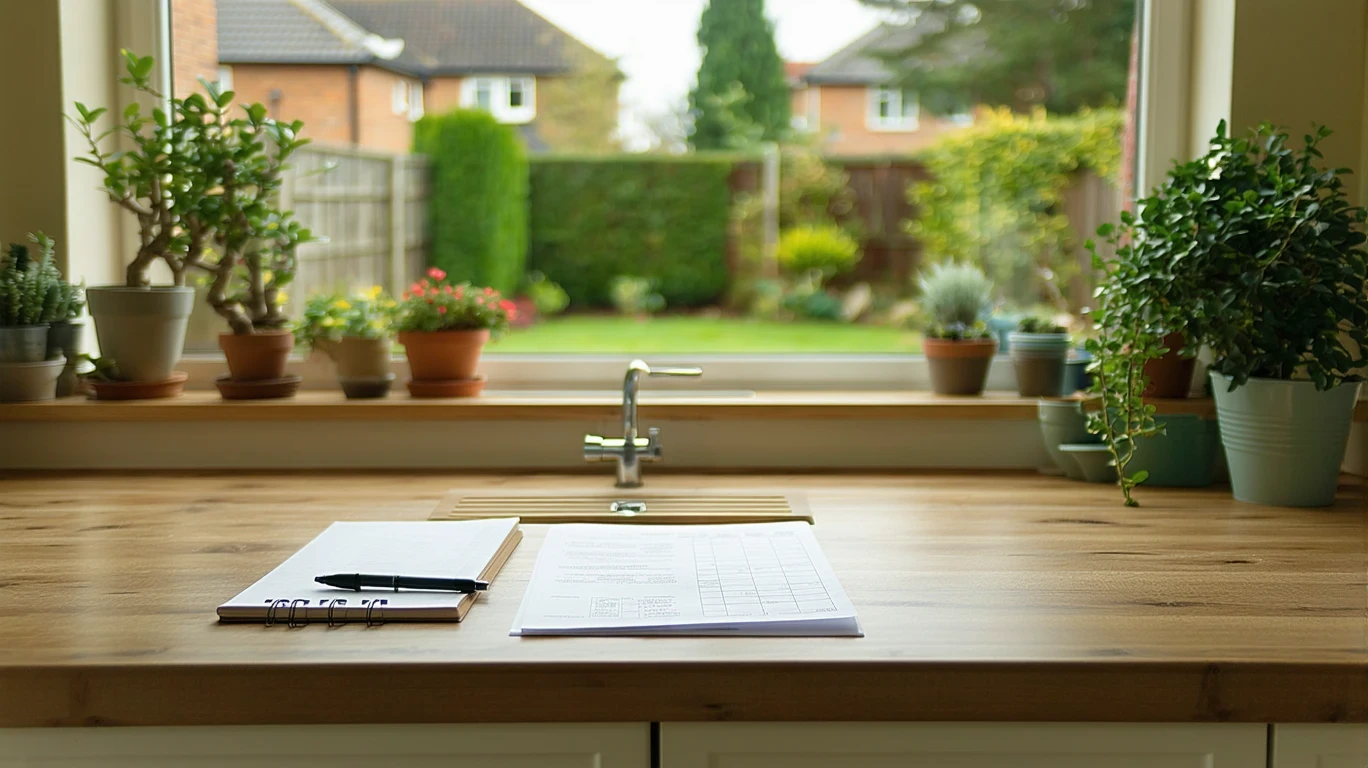 A utility bill and notepad with monthly expenses on a kitchen table in a sunlit room.
