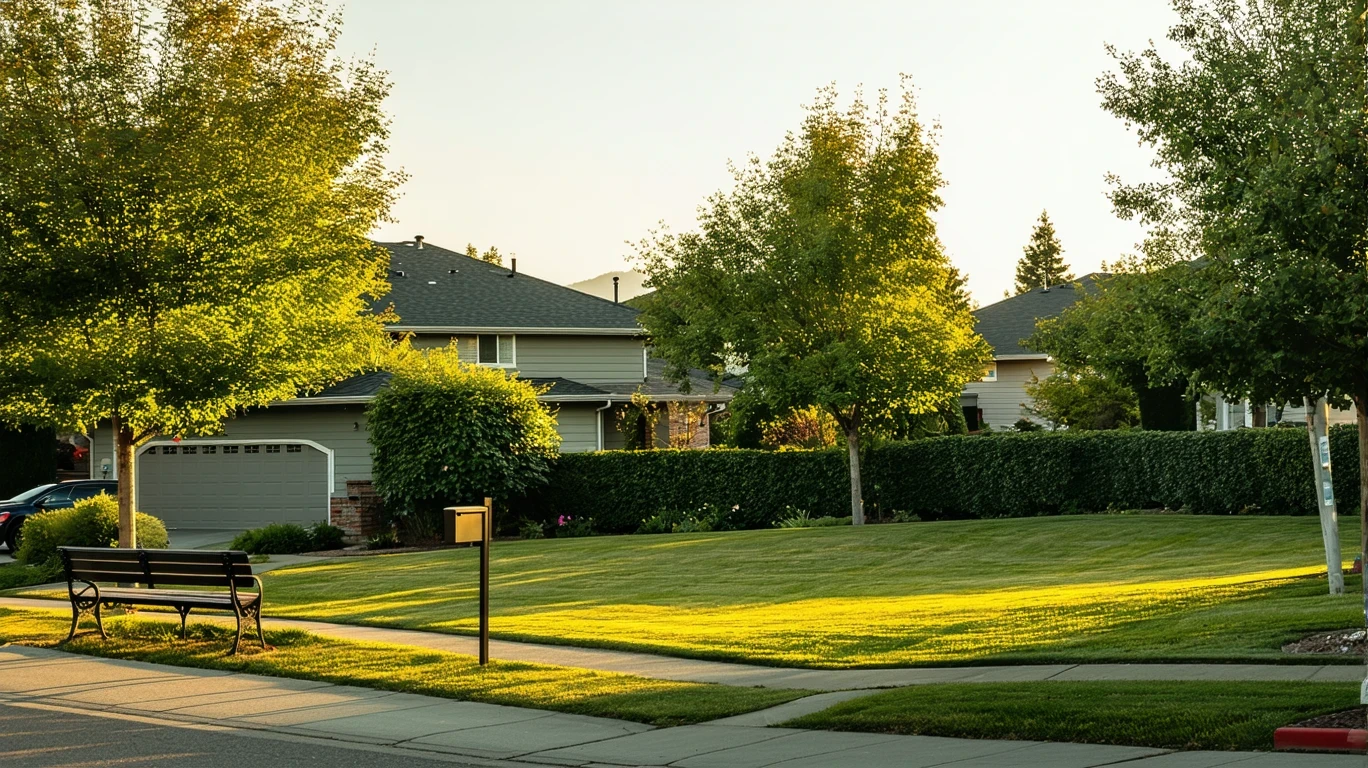 A view across the street of a grassy neighborhood park in Wilsonville with trimmed hedges and an empty bench on a path.