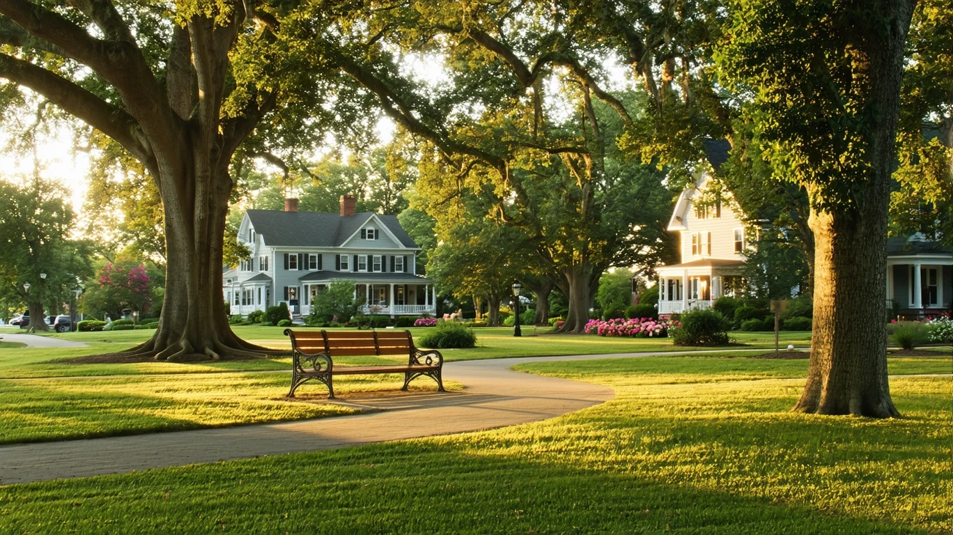 A serene park with benches beneath oak trees in a well-maintained suburban neighborhood.