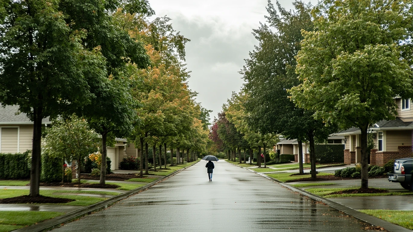 A wet, tree-lined street in Wilsonville, OR with palm tree reflections and a person walking in the distance.