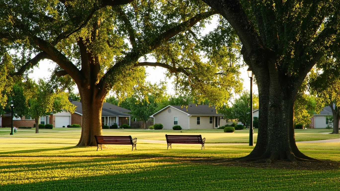 A peaceful park lawn with old oak trees and empty benches, bathed in golden-hour light in a quiet suburban neighborhood.