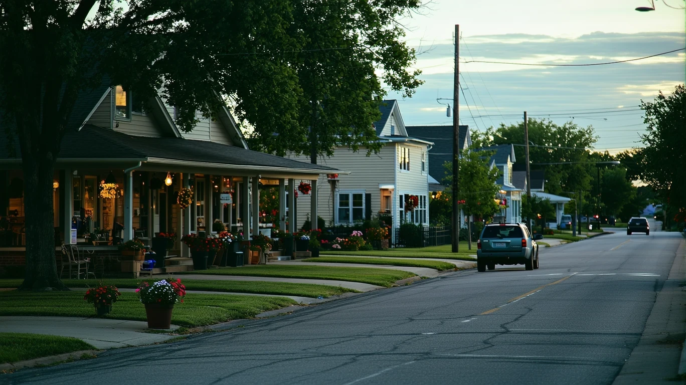A quiet street in Yukon, Oklahoma at dusk with local storefronts, modest homes, empty sidewalks and one parked car.