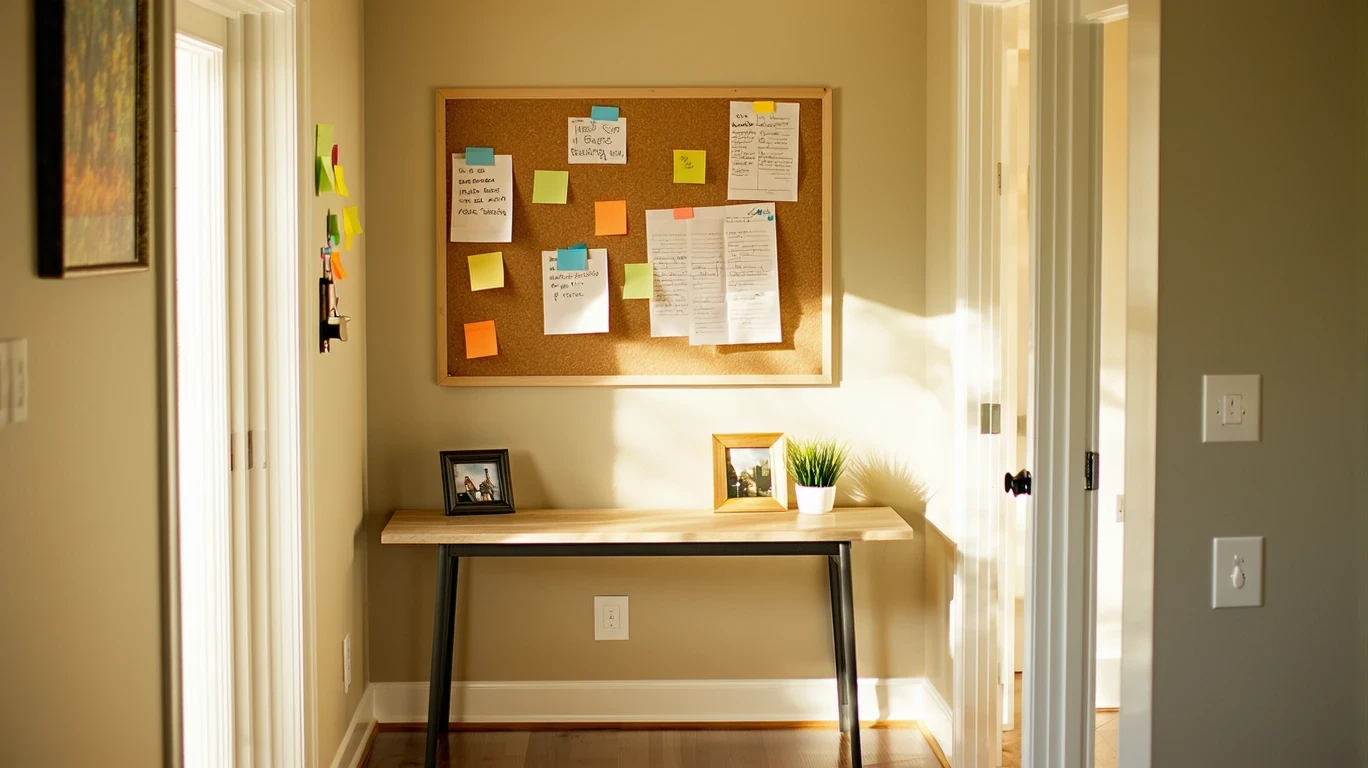 A corkboard in a home office nook with utility bills and a monthly budget pinned up.