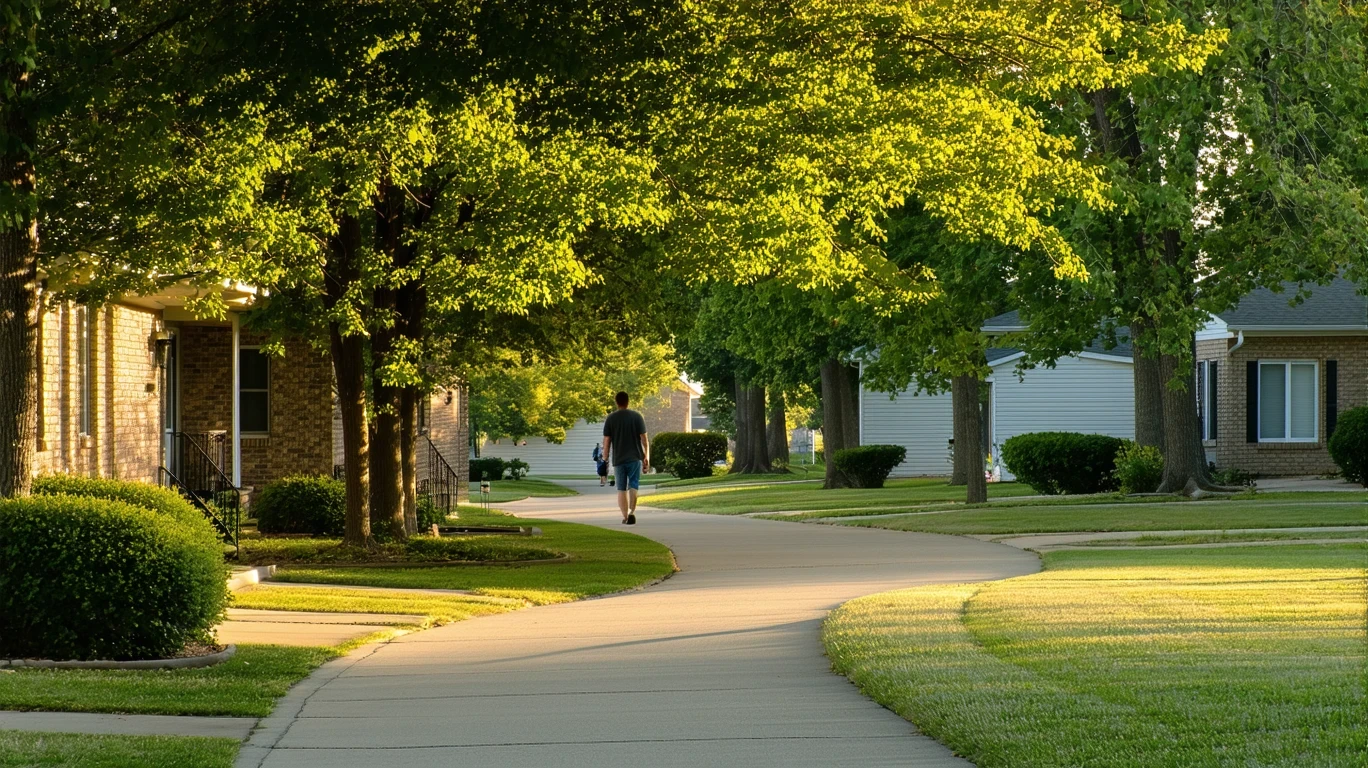 A tree-lined sidewalk curving through a well-maintained suburban neighborhood, with houses visible through the foliage.