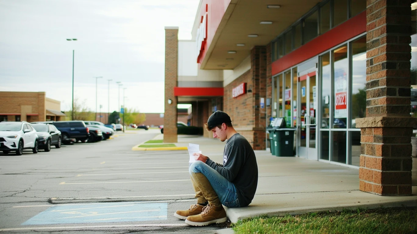 A young person sits on a curb outside a grocery store, looking at their receipt.