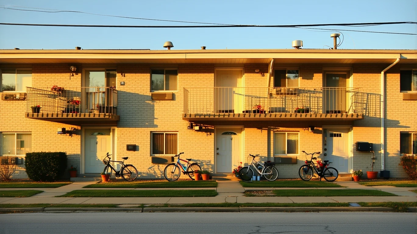 Apartment building in Yukon, Oklahoma with potted plants, bicycles, on a sunny day.