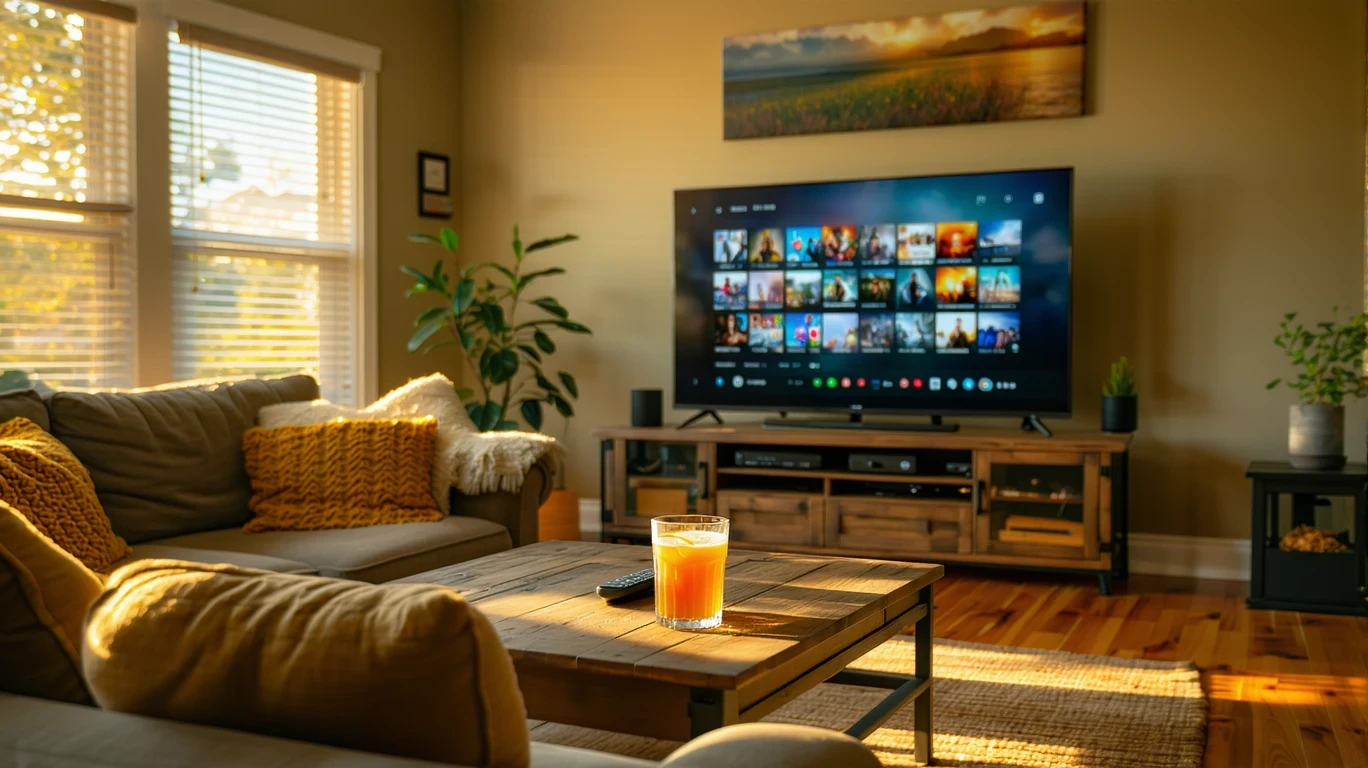 A living room with a wall-mounted TV showing a streaming app interface, illuminated by soft natural light.
